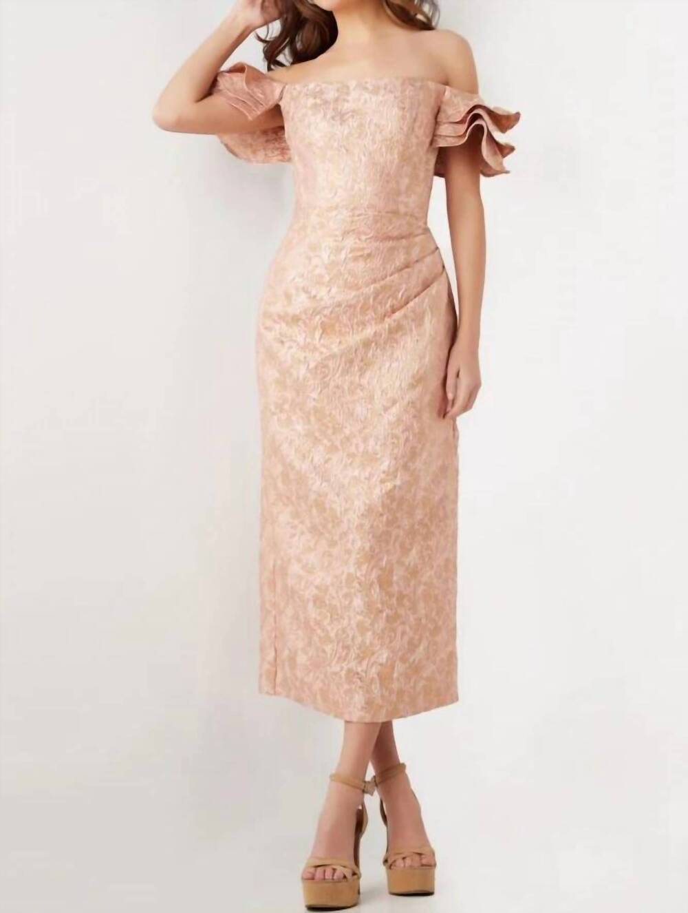 NEW JOVANI off the shoulder tea length dress in rose/gold